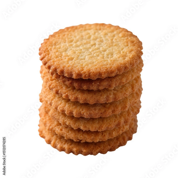 Obraz A stack of crispy, golden-brown cookies on a white isolated background, perfect for snacks or dessert in culinary and food photography.