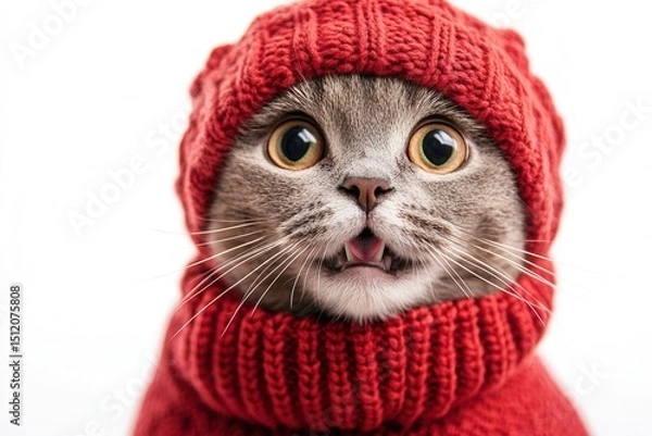 Obraz Playful Gray Kitten in a Cozy Red Sweater, Adorably Expressing Curiosity Against a Soft White Background. concept for christmas or new year	