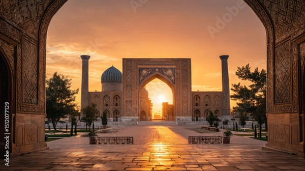 Fototapeta Ancient Islamic Architecture Glowing at Sunrise in Historic Square