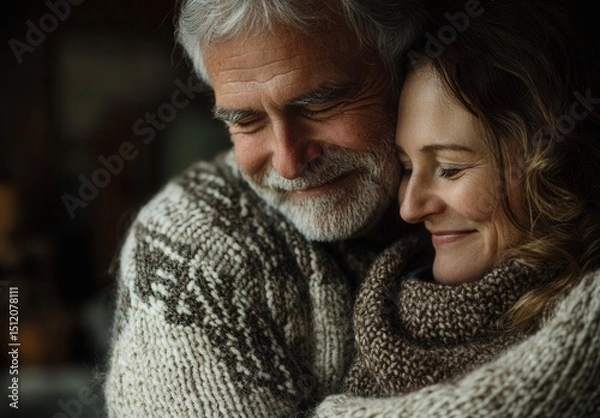 Obraz A Heartwarming Embrace Between a Senior Man and a Middle-Aged Woman with Gray Hair in Cozy Knitted Sweaters in a Softly Lit Indoor Setting