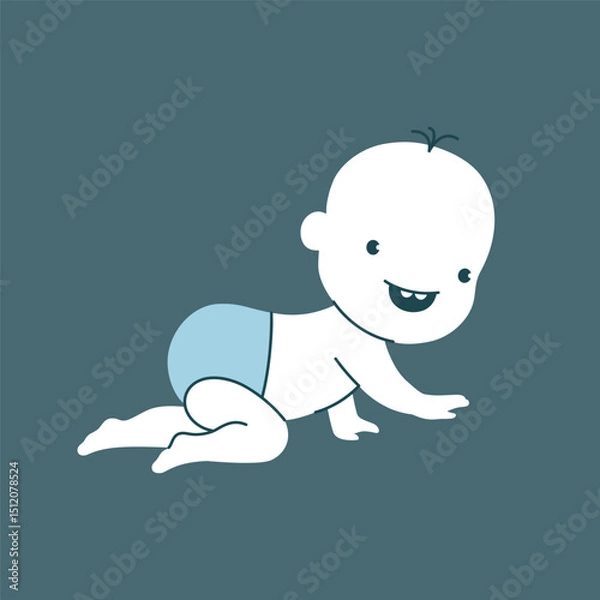 Fototapeta Minimalistic image of a cheerful, happy baby in a diaper crawling on all fours. Early Development.