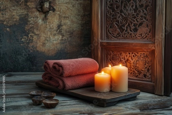 Obraz A Cozy Spa Setting Featuring Soft Towels, Illuminated Candles, and Intricate Wooden Decor Enhancing Relaxation and Serenity in an Inviting Space