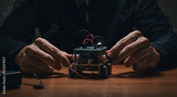 Fototapeta Assembling Small Robot Vehicle on Table with Electronic Components