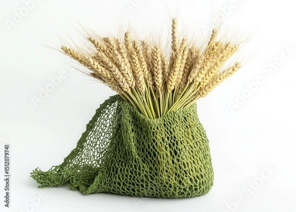 Obraz A Beautiful Arrangement of Golden Wheat Stems in a Green Crochet Bag, Perfect for a Natural and Rustic Home Decoration Emphasizing Agriculture and Nature's Bounty