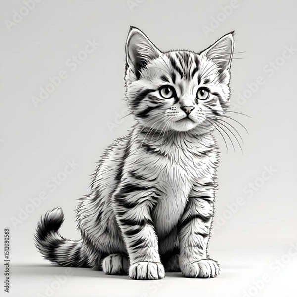 Fototapeta A black and white drawing of a kitten sitting on a white background. 