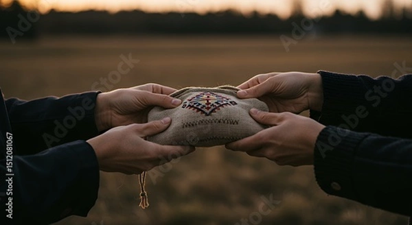 Fototapeta Hands Passing Embroidered Pouch in Natural Light Field at Dusk