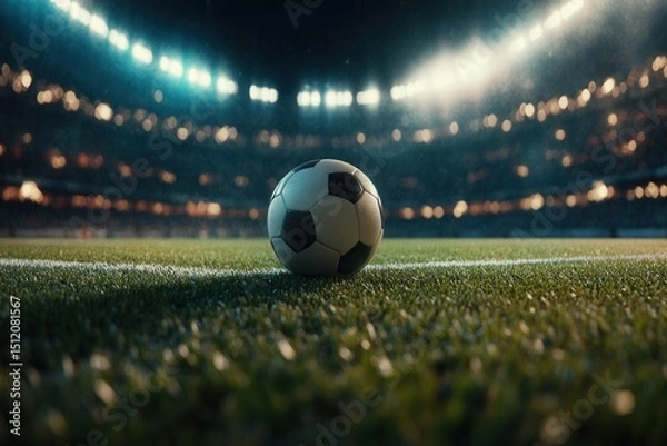 Obraz A close-up view of a black-and-white soccer ball resting on a lush green pitch, illuminated by stadium lights during a night sporting event.