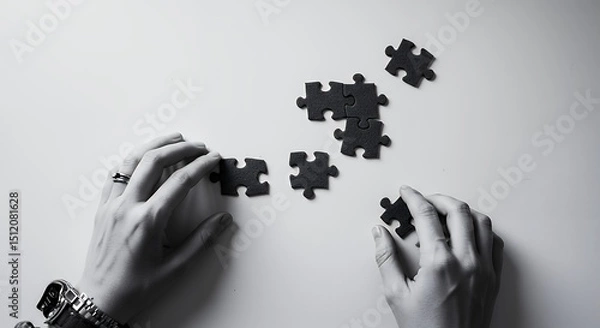Fototapeta Hands Solving Puzzle Pieces on a White Surface in Monochrome Style