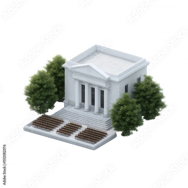 Obraz Architectural building with columns, surrounded by trees, isolated on a white background.