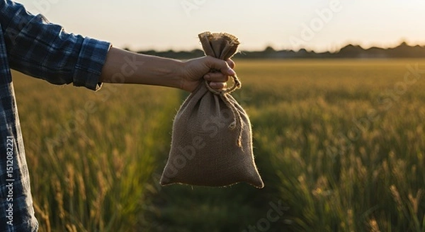 Fototapeta Holding Burlap Sack in Golden Field During Sunset Golden Hour