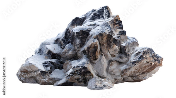 Fototapeta High-altitude mountain rock fragment with frost and snow residues, isolated on white background