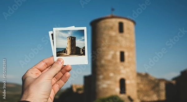 Fototapeta Holding Polaroid Photo of Stone Tower with Historical Building Background