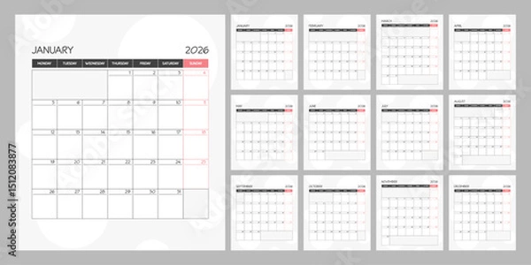 Obraz Monthly calendar red square planner schedule for 2026 year. Week Starts on Monday