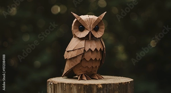 Fototapeta Origami Owl Standing on Wood Log with Bokeh Forest Background