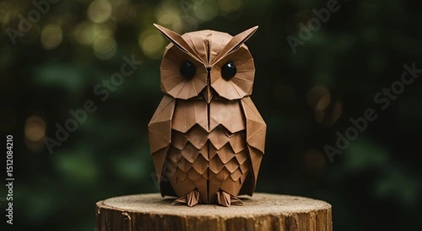 Fototapeta Origami Owl on a Log Sculpture with Geometric Brown Paper