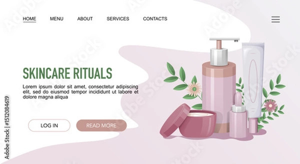 Obraz Skincare Rituals landing web page template with cosmetic bottles on floral background