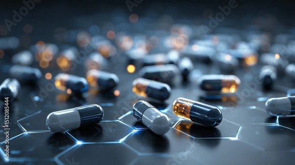 Fototapeta Color Capsules Scattered on Dark Grid Background