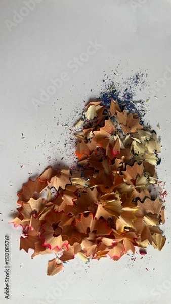 Fototapeta Shavings of colored pencils create a vibrant display on a white surface showcasing artistic creativity and playfulness