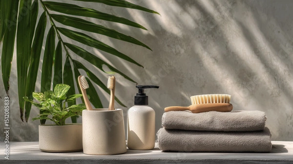 Fototapeta Toothbrush Holder and Towel with Green Leaf