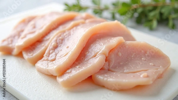Obraz Fresh raw chicken breast slices neatly arranged on white cutting board.