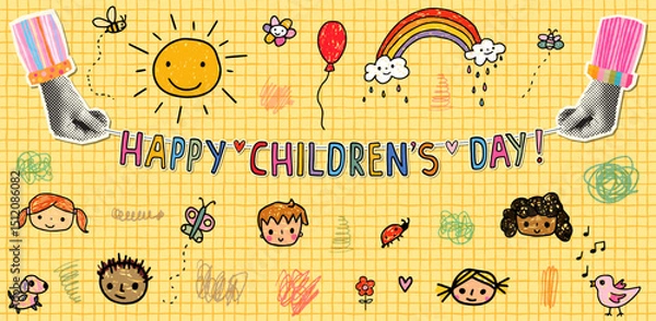 Fototapeta Cute Poster or Card with Bunting with Handwritten Happy Children's Day Text, Collage with Kids Stick Figure Faces and Childish Drawings