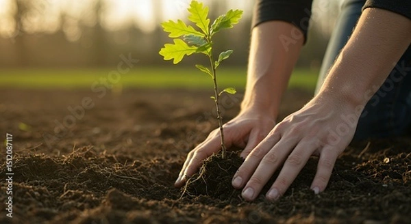 Fototapeta Planting a Young Tree Sprout in Fertile Soil by Hand
