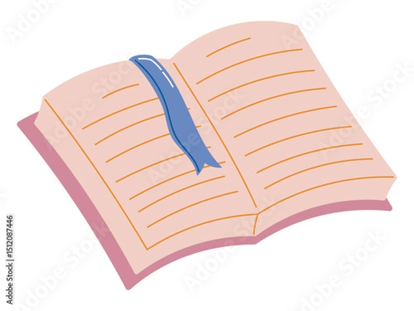 Obraz Vector isolated flat illustration of an open notebook with a blue ribbon bookmark. Pastel colors, clean design, perfect for education, journaling, school projects, and planners.