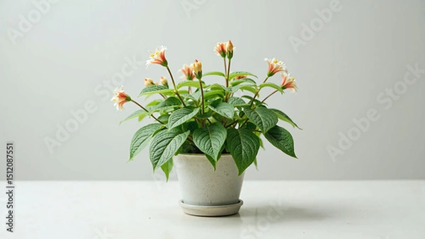 Obraz Small potted flowering plant with vibrant green leaves and delicate blooms.