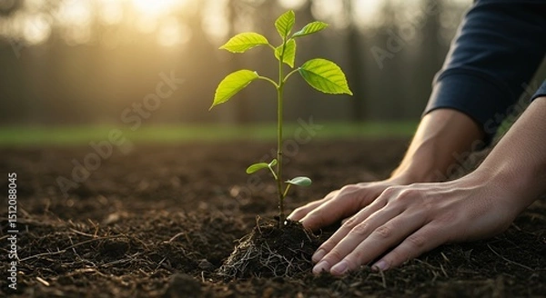 Fototapeta Planting Small Tree Seedling in Soil with Hands Nurturing New Growth