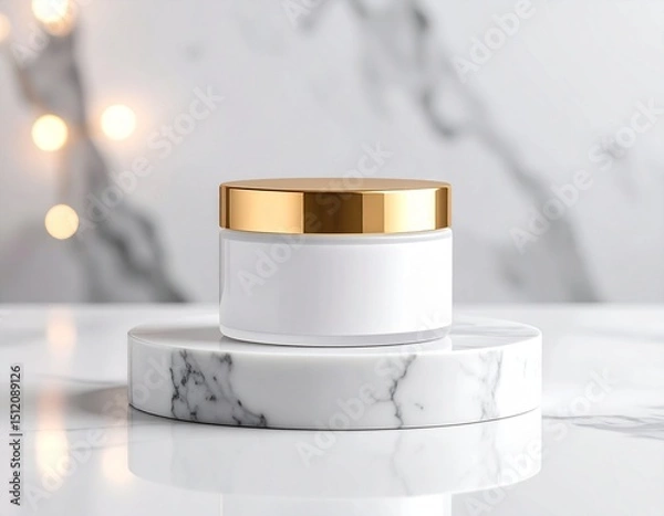 Obraz Elegant Skincare Product Shot: Minimalist Cream Jar with Gold Details on Marble