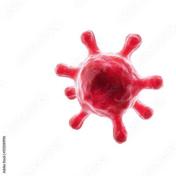 Obraz Detailed close-up of a red virus cell on a white isolated background, showcasing its spiky structure, representing microorganisms and their impact on health and disease.