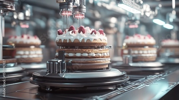 Obraz Automated Cake Production Line: Futuristic Bakery Technology Assembling Delicious Raspberry Cakes
