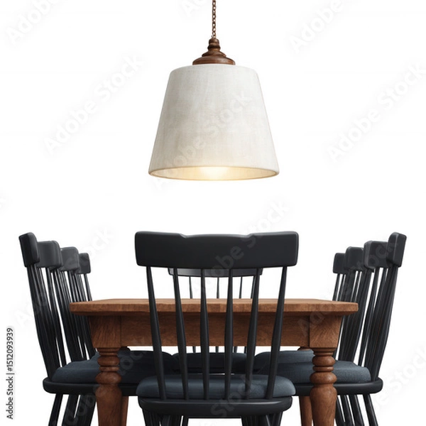 Obraz Stylish wooden dining table with black chairs under a modern lamp, creating a cozy atmosphere for family gatherings and meals.