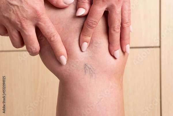 Fototapeta Woman pointing to visible spider veins on leg skin. Concept of vascular health, varicose condition, aging, and cosmetic treatment needs.