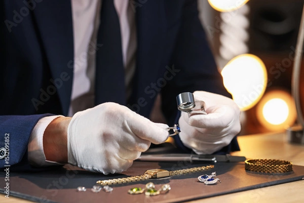 Fototapeta Appraiser with loupe evaluating ring at table indoors, closeup