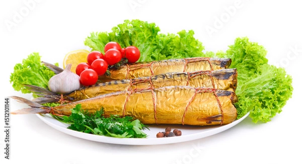 Fototapeta Smoked fish on plate close up, golden mackerel