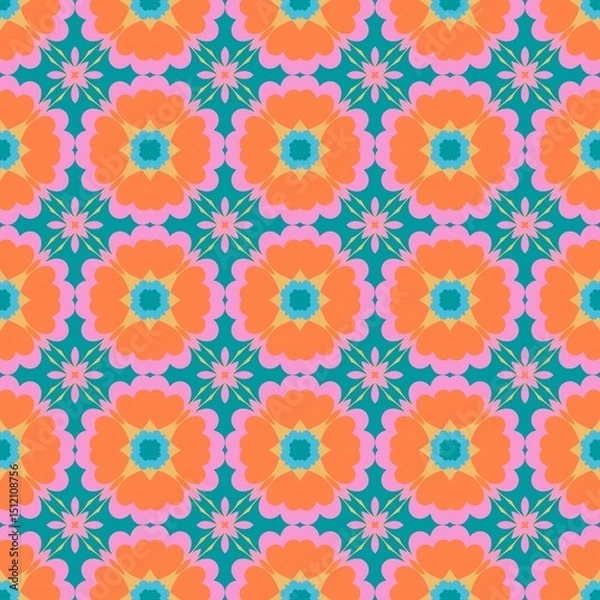 Obraz Geometric Floral Seamless Pattern  in Coral, Pink, and Turquoise Tones