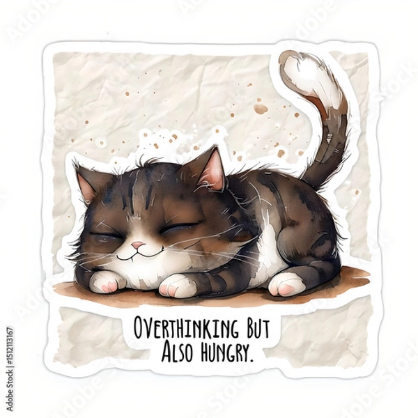 Fototapeta Watercolor Cartoon Cat Sticker With Grumpy Expression
