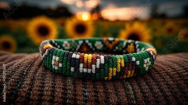 Fototapeta Beaded bracelet in green, black, and gold on woven fabric, symbolizing South African Youth Day pride and heritage.