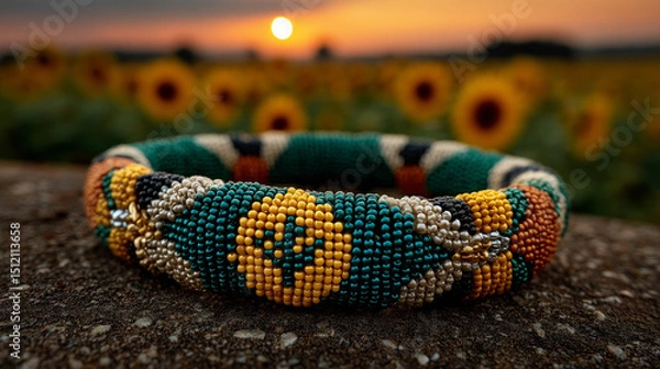 Fototapeta Beaded bracelet in green, black, and gold on woven fabric, symbolizing South African Youth Day pride and heritage.