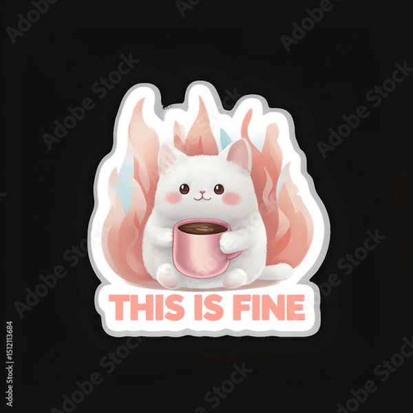 Fototapeta Chubby White Cat With Pink Mug Surrounded By Soft Flames