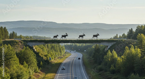 Fototapeta Group of Moose Crossing Wildlife Overpass Over Highway Amid Green Forest