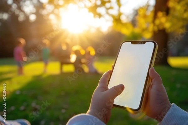 Obraz Child playing smartphone game on park bench