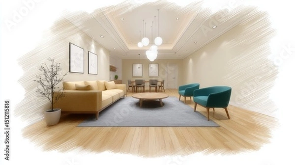Fototapeta Sketching eco friendly interiors in a modern living space with a focus on sustainable design elements