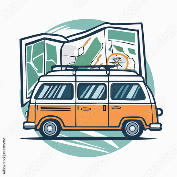 Obraz Exploration Van with Map and Compass – Adventure Vector Art