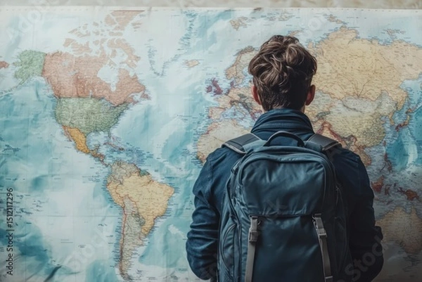 Obraz Traveler Studying World Map with Backpack
