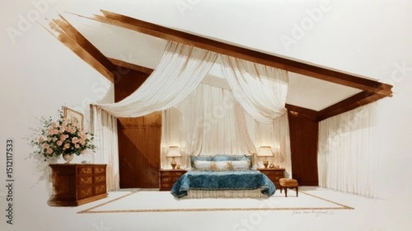 Fototapeta Hand drawn interior concepts showcasing a luxurious bedroom with elegant drapes and rich wooden details for a cozy, inviting atmosphere