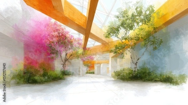 Obraz Architectural sketches showcasing open plan spaces with vibrant greenery and colorful floral arrangements creating a serene atmosphere
