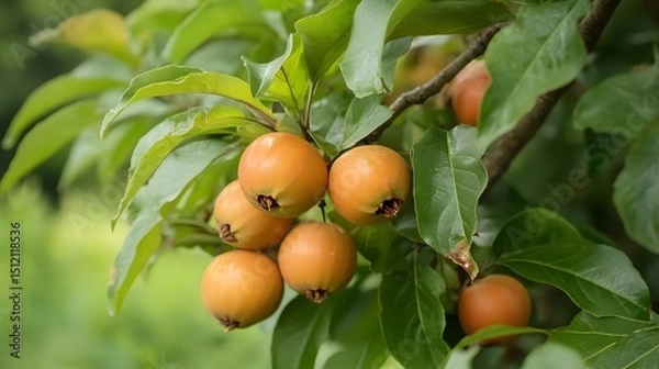 Fototapeta True medlar tree with a bunch of growing mature True medlar