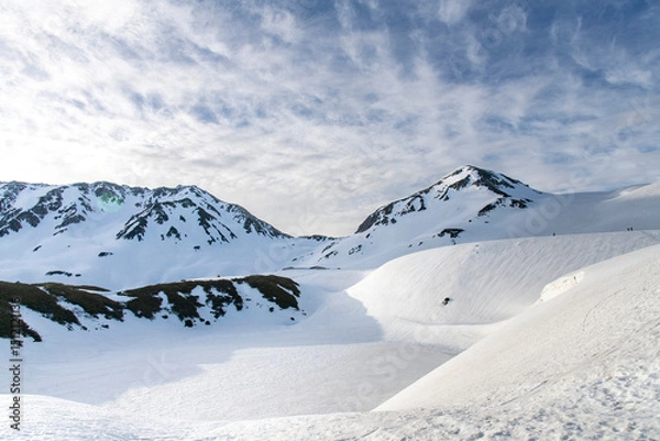 Fototapeta Snow covered Mikuriga-ike Pond in early spring at Murodo Plateau, Northern Japan Alps 2450 meters above sea level covered in snow along Tateyama Kurobe Alpine Route with Tateyama Mountain Range